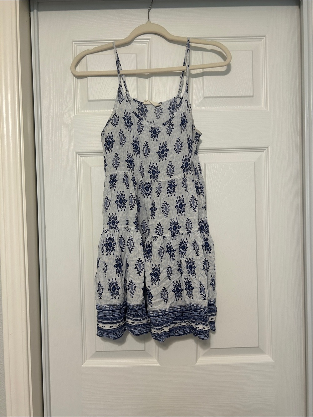 Blue and White Printed Spaghetti-Strap Mini Dress